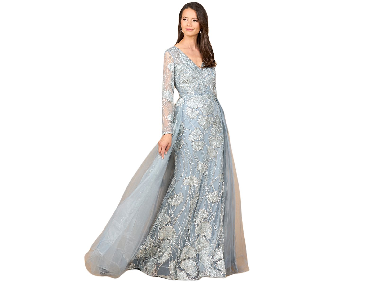 Lara Women's Long Sleeve Lace Gown with Overskirt