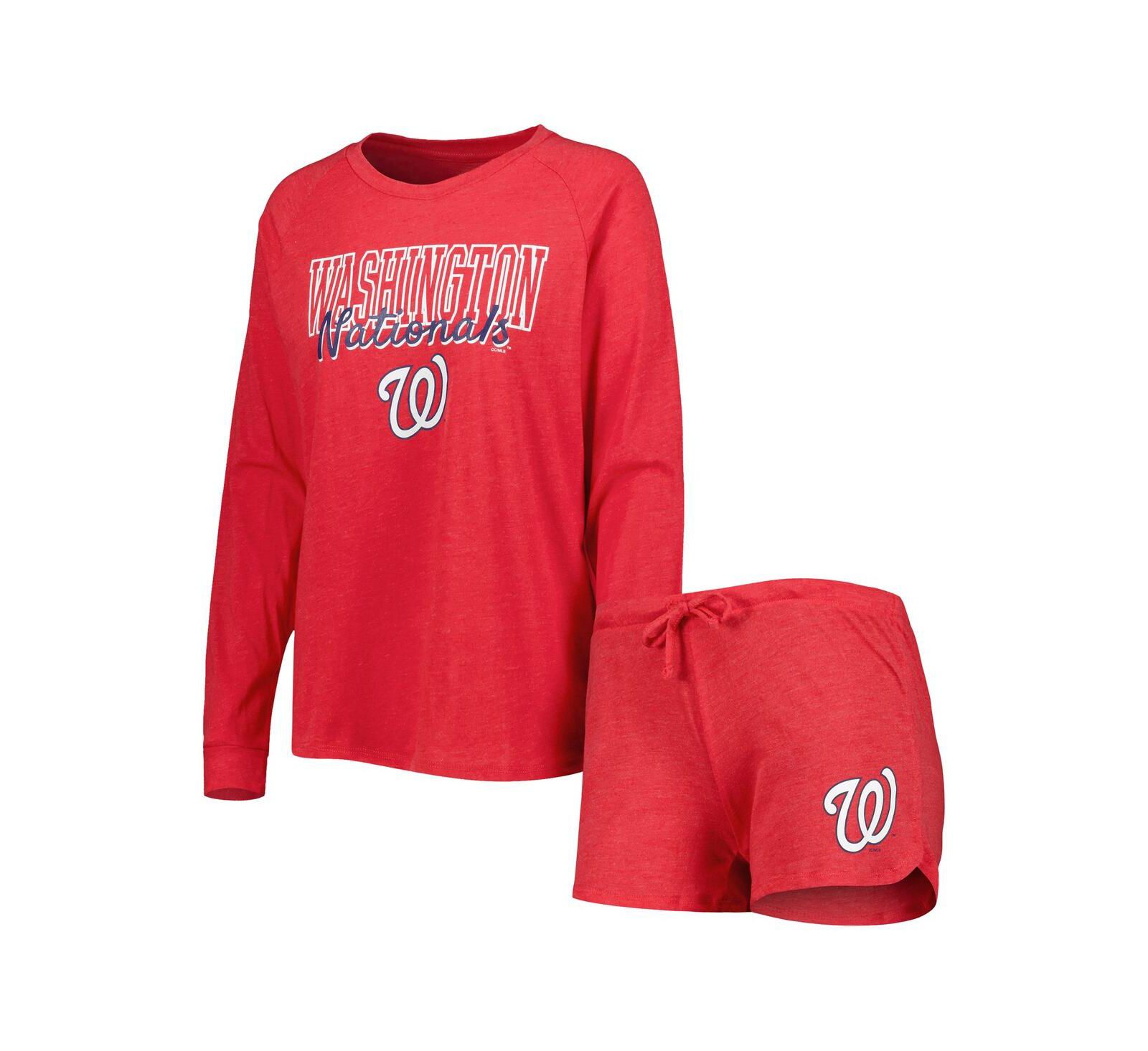 Женский комплект Concepts Sport Heather Red Washington Nationals 2-Pack Raglan Long Sleeve Top Shorts and Sleep Set