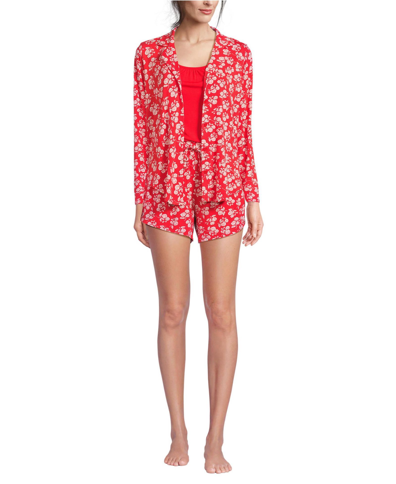 Lands' End Women's Cooling 3 Piece Pajama Set - Long Sleeve Top Cami and Shorts