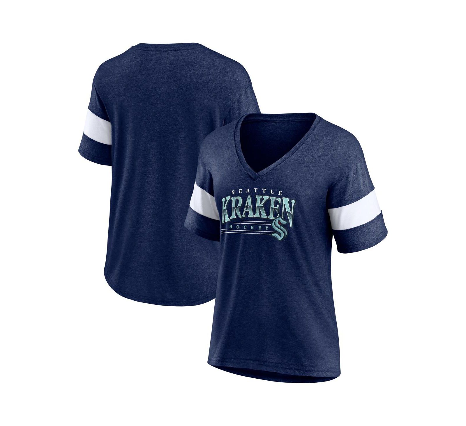 Fanatics Women's Heather Deep Sea Blue Seattle Kraken Clapper V-Neck Half-Sleeve T-Shirt