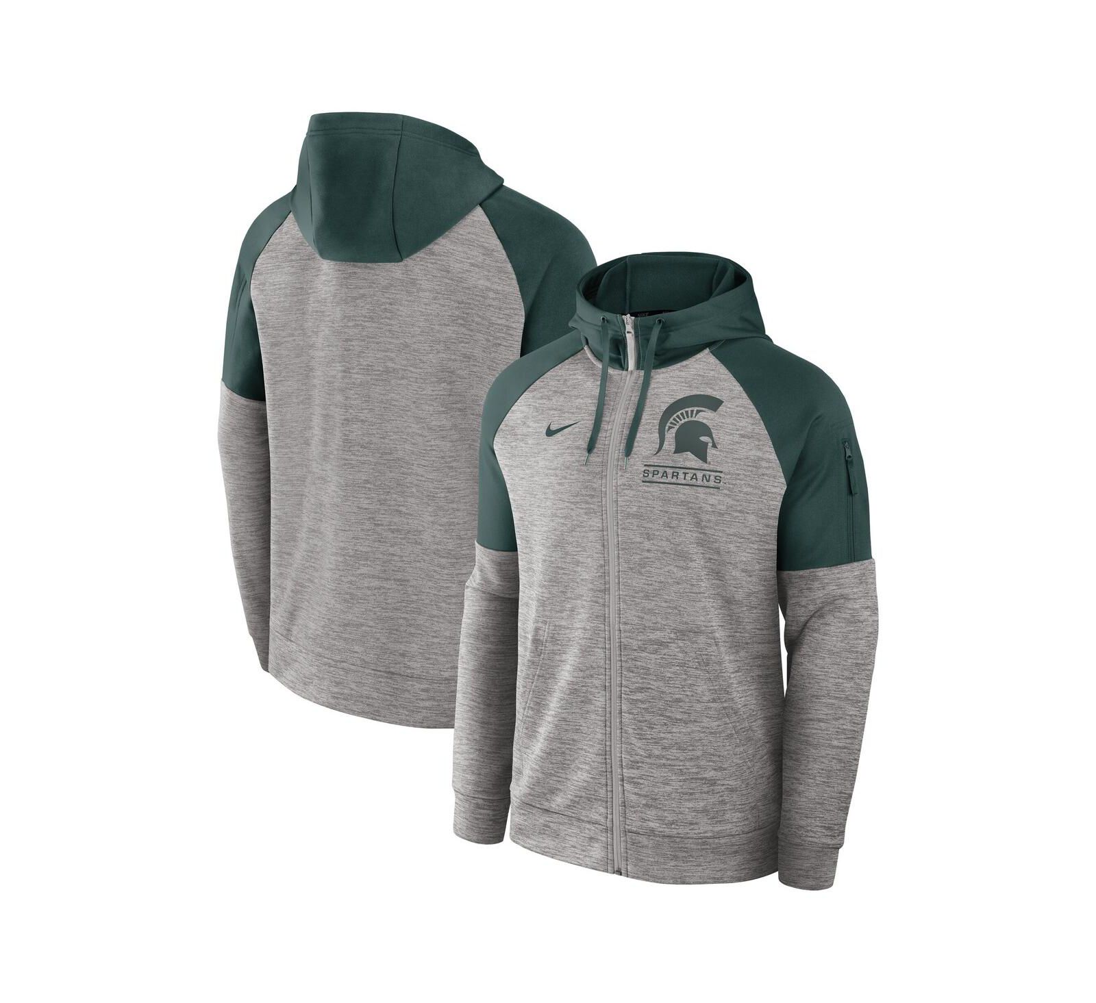 Nike Мужская толстовка на молнии Heather Gray Michigan State Spartans Fitness Raglan Performance