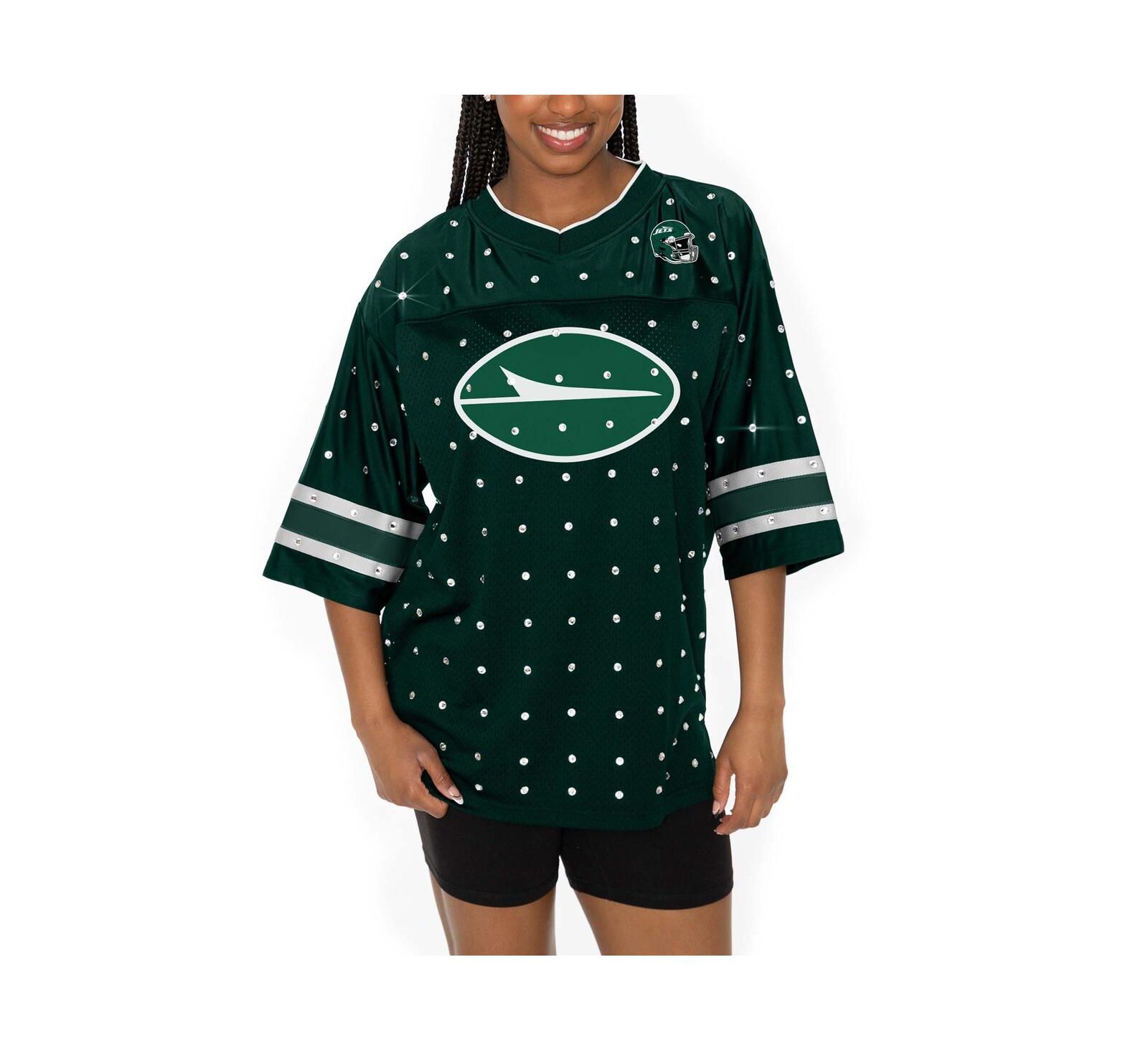 Женская футболка Gameday Couture Green New York Jets Kickoff Time Allover Rhinestone Sports Stripe Jersey V-Neck