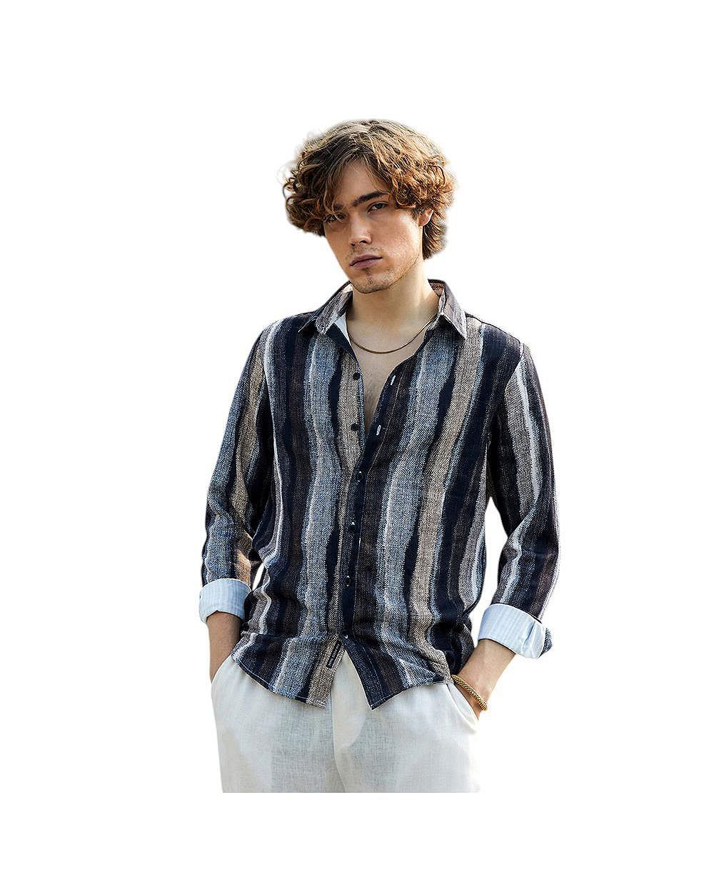 Campus Sutra Men's Prussian Blue & Ash Brown Brushed-Stripe Shirt