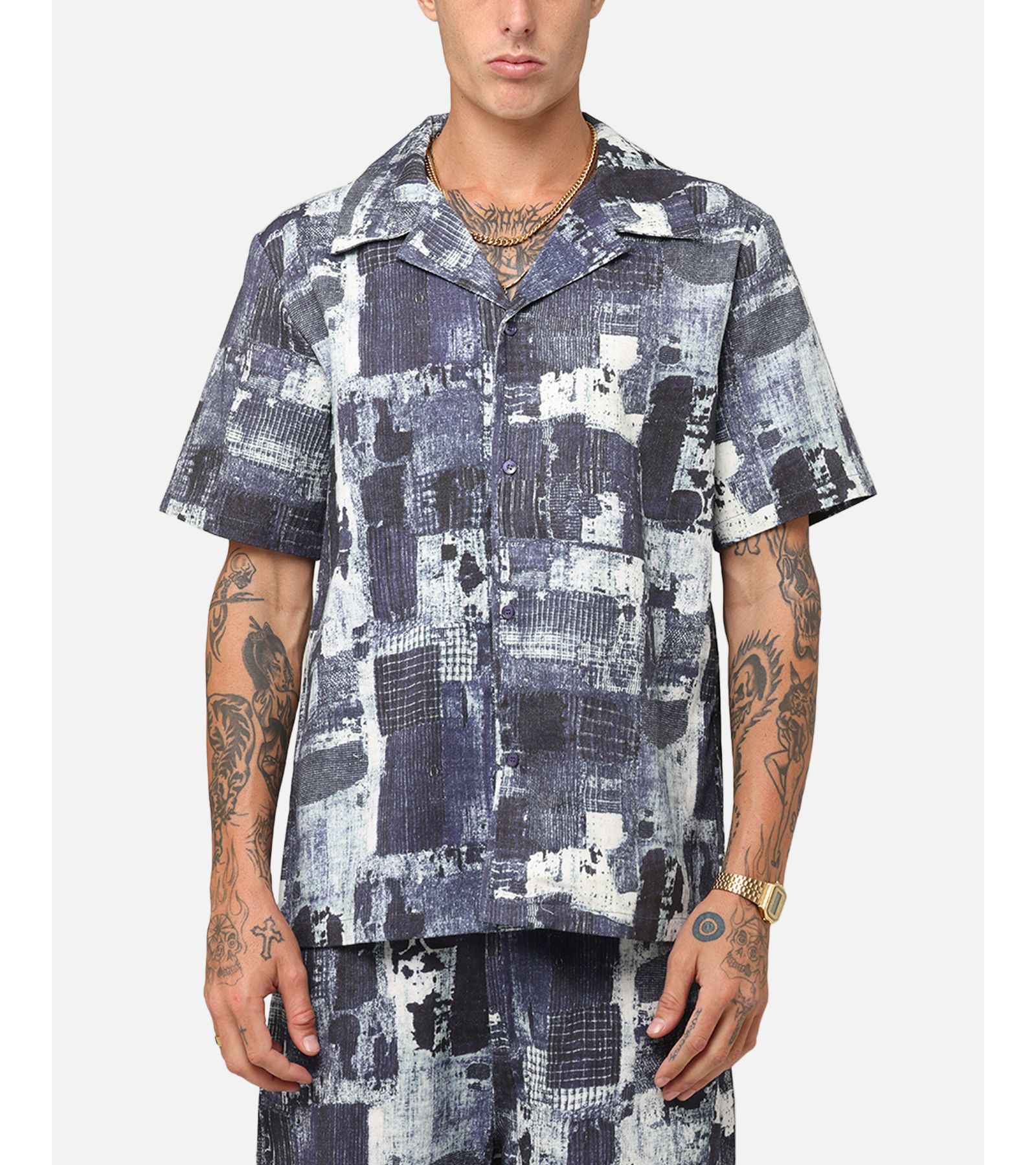 XXIII Men's Printed Denim Patch Button Up Shirt