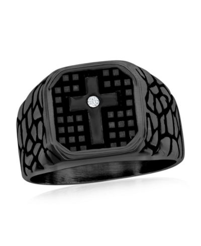 Stainless Steel, CZ Cross Pebbled Design Ring - Plated