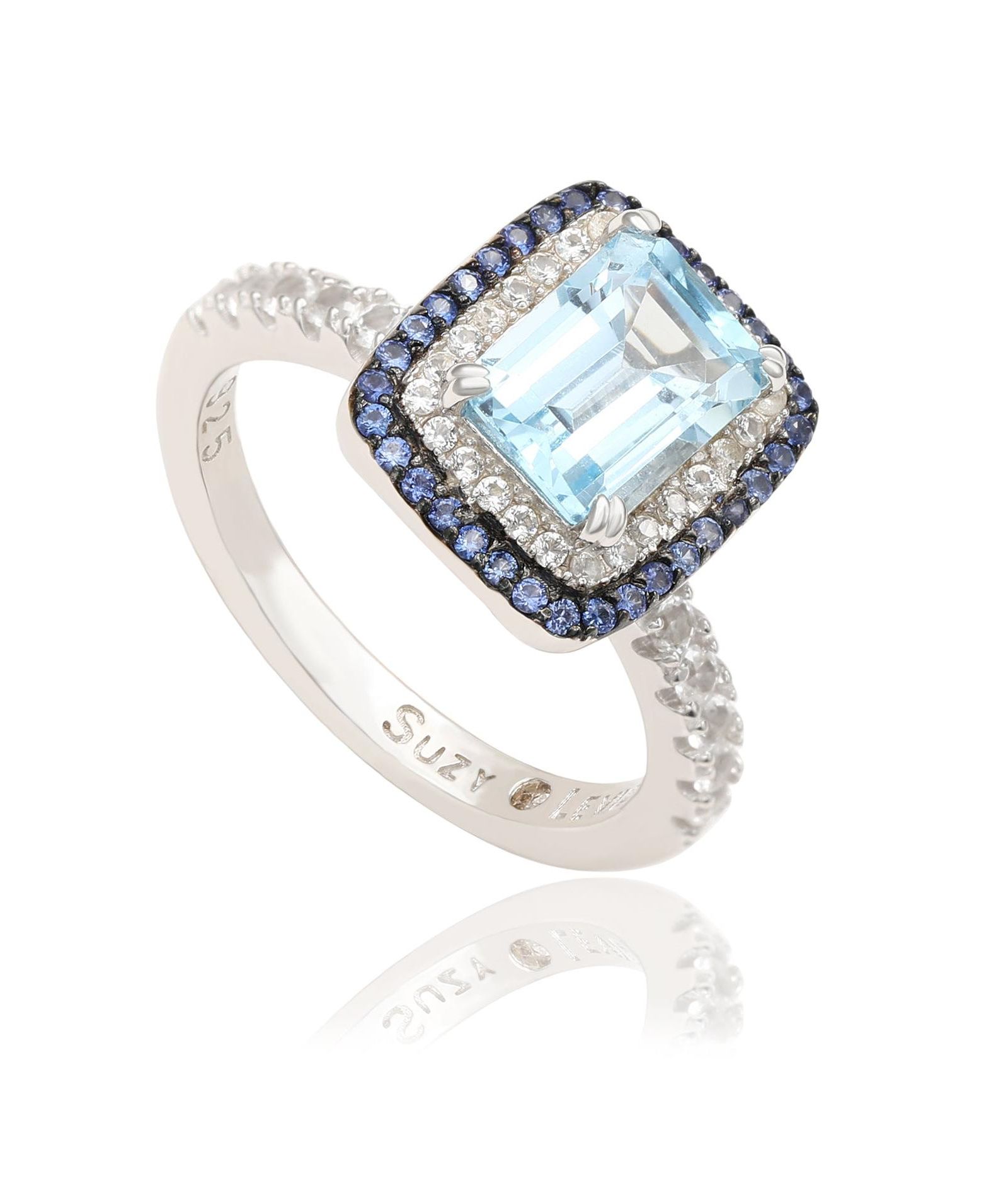 Suzy Levian Sterling Emerald Cut Topaz and Sapphire Double Halo Ring