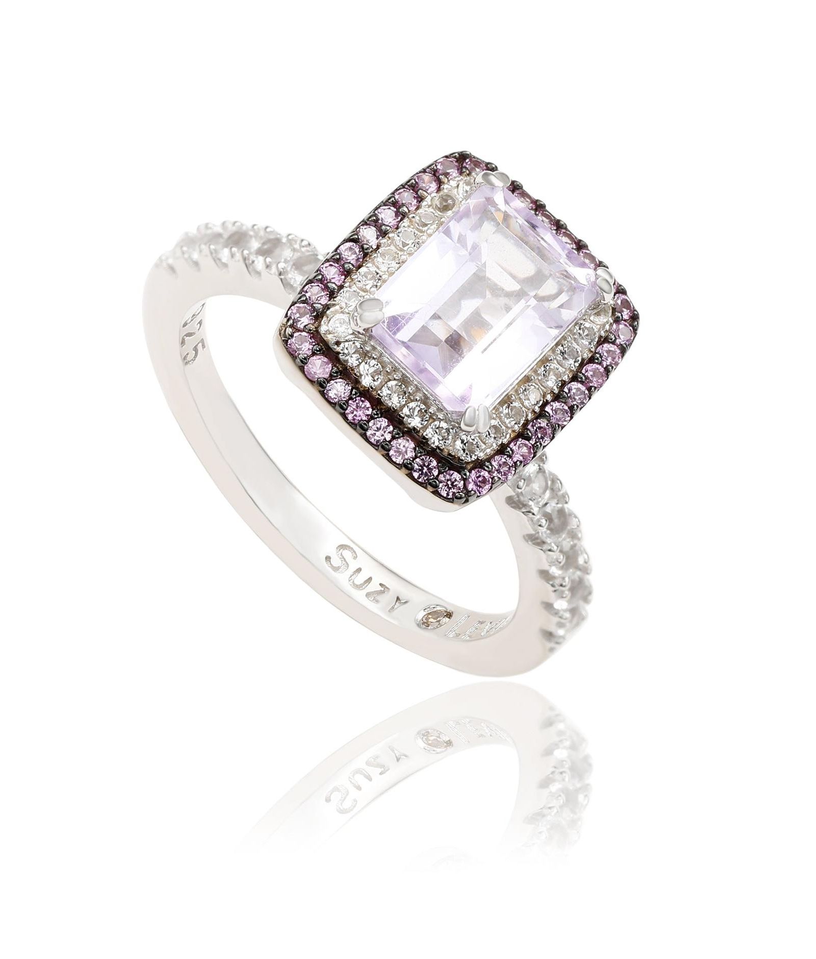 Suzy Levian Sterling Emerald Cut Topaz and Sapphire Double Halo Ring