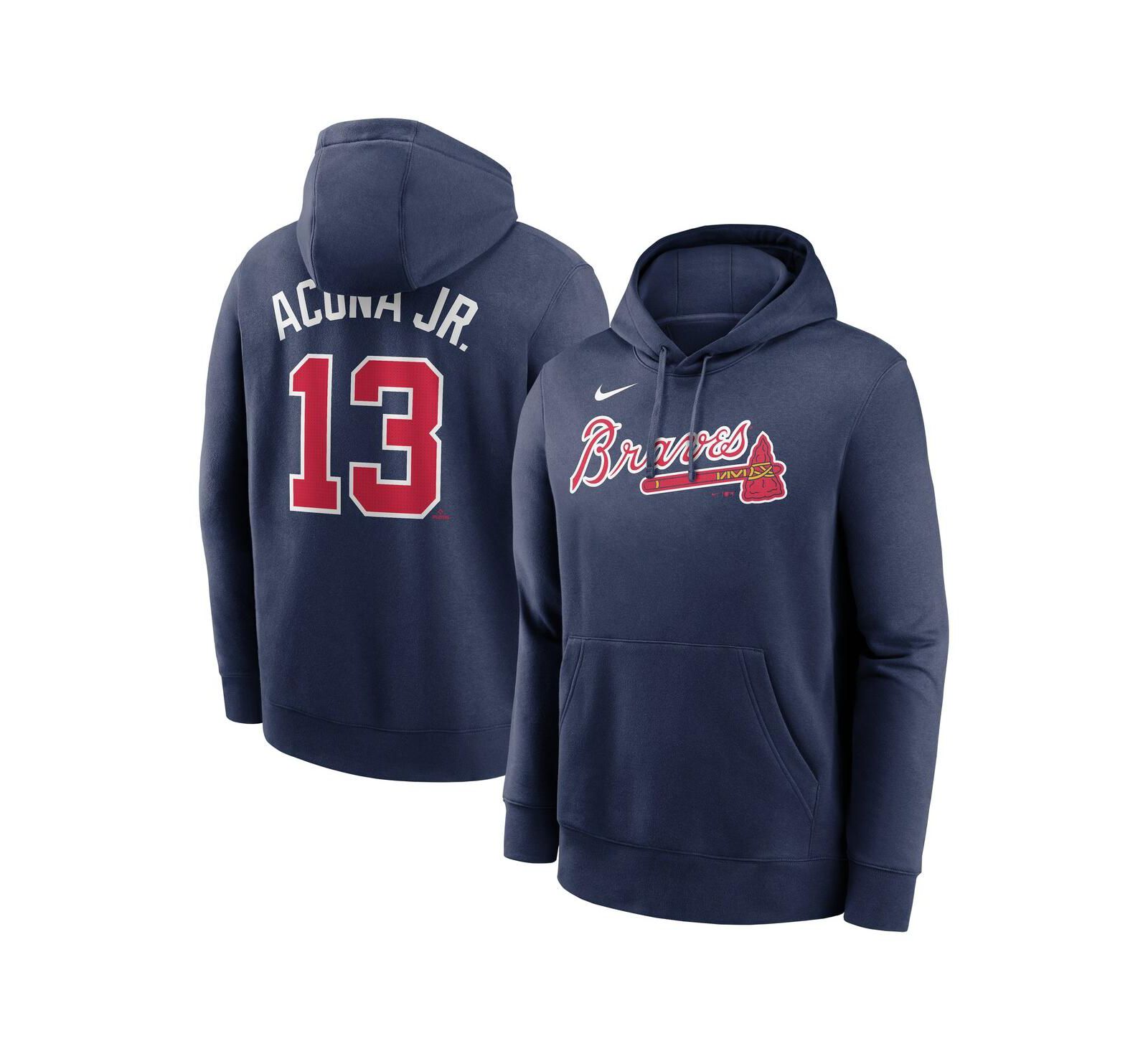 Мужская толстовка Nike Ronald Acuña Jr. Navy Atlanta Braves Player Name & Number Club Fleece Pullover Hoodie