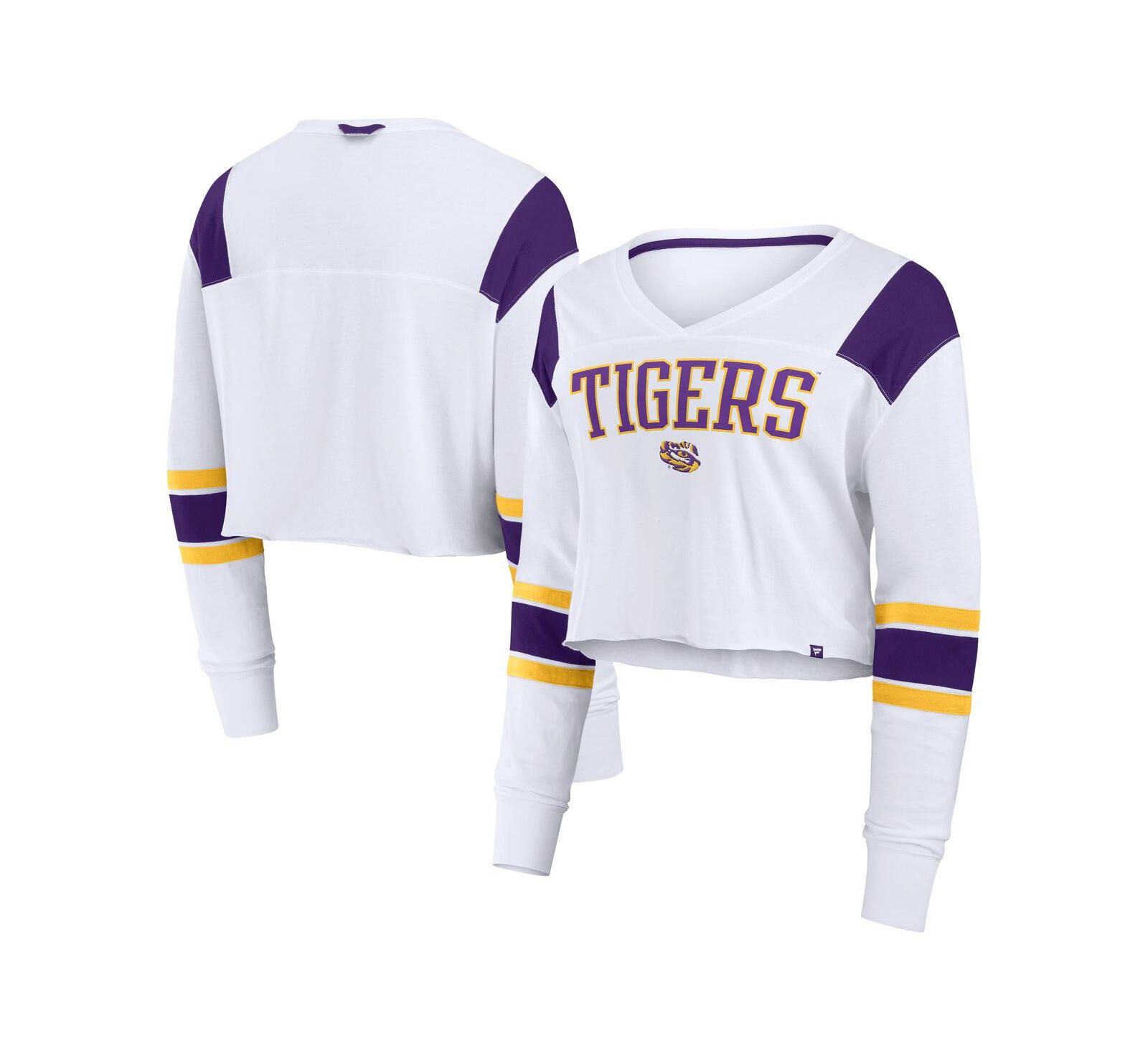 Женский укороченный топ Fanatics White LSU Tigers Training Camp с V-образным вырезом и длинным рукавом