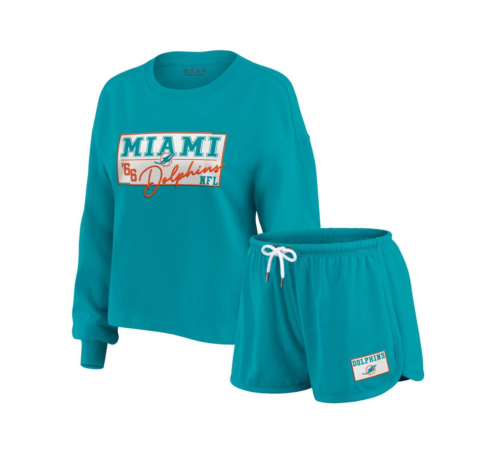 WEAR by Erin Andrews Women's 2-Piece Aqua Miami Dolphins Heavy Rugby Jersey Long Sleeve T-Shirt and Shorts Lounge Set