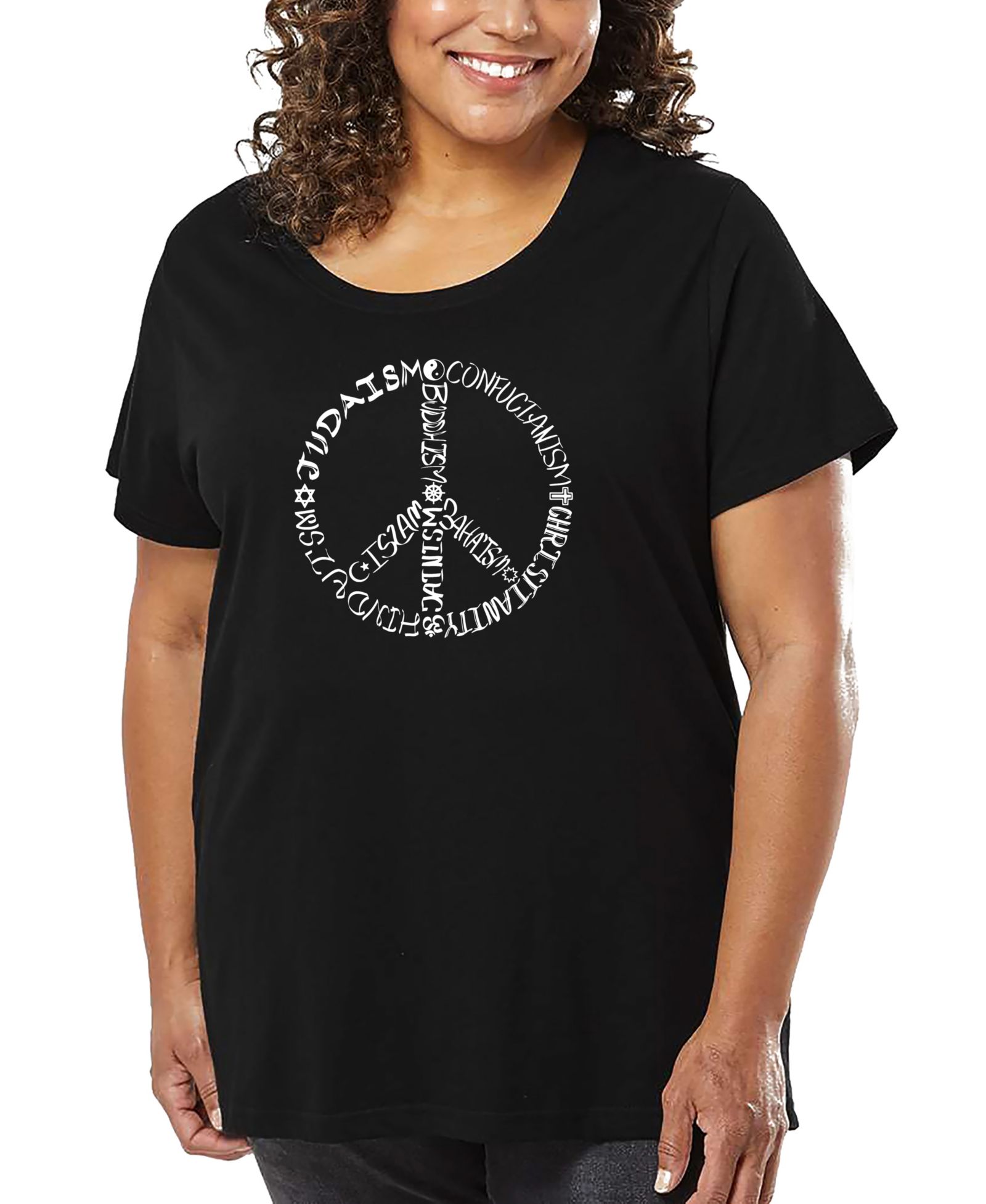 LA Pop Art Plus Size Different Faiths Peace Sign Word Art T-Shirt