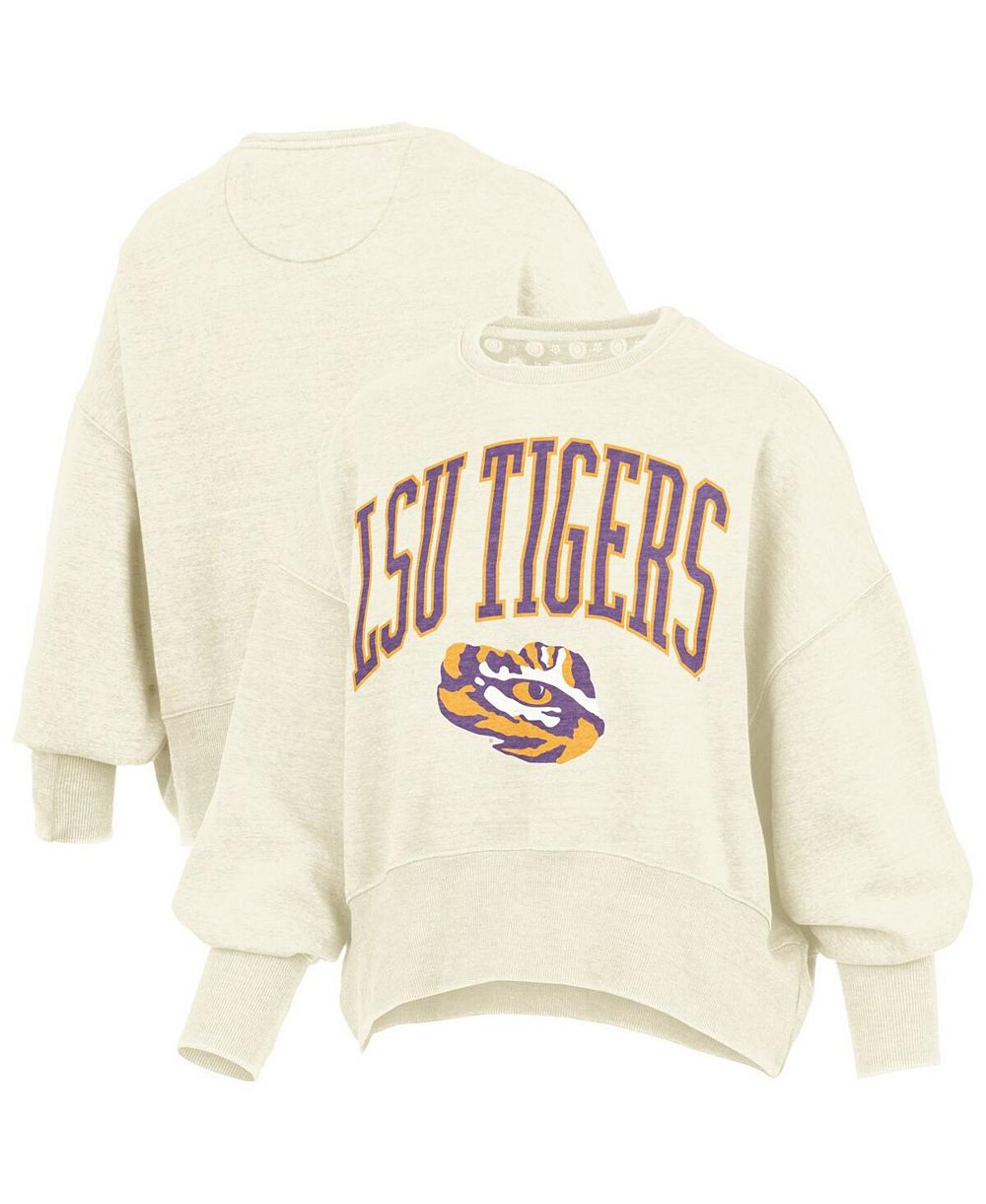 Pressbox Women's Natural LSU Tigers Oversized Waist-Length Crewneck Sweatshirt