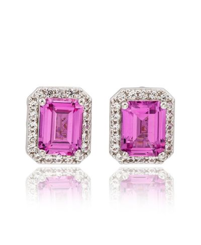 Suzy Levian Sterling Emerald Cut Sapphire & Created Sapphire Halo Stud Earrings