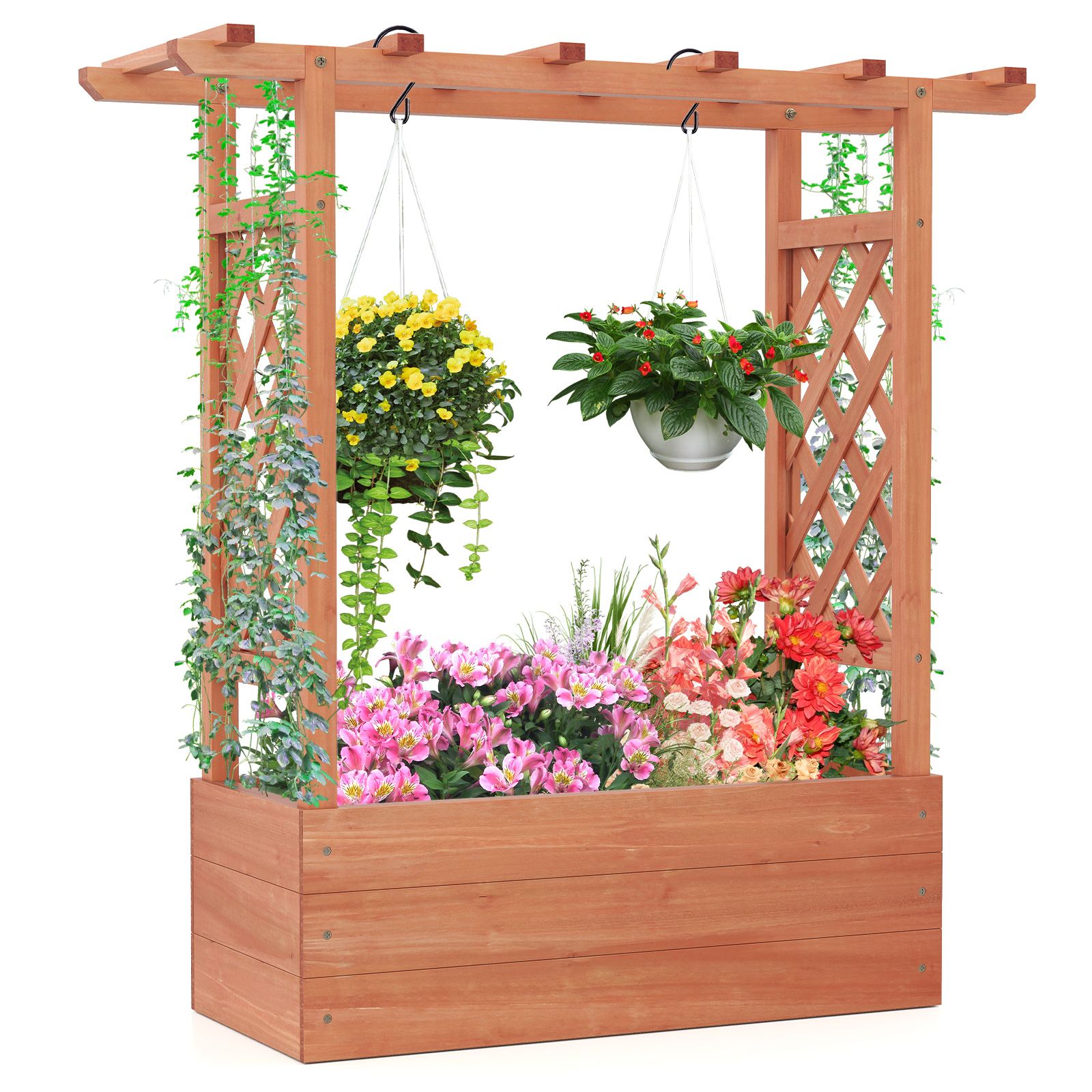 Gymax Raised Garden Bed Wooden Elevated Planter w/Side Trellis and Hanging Roof Pending