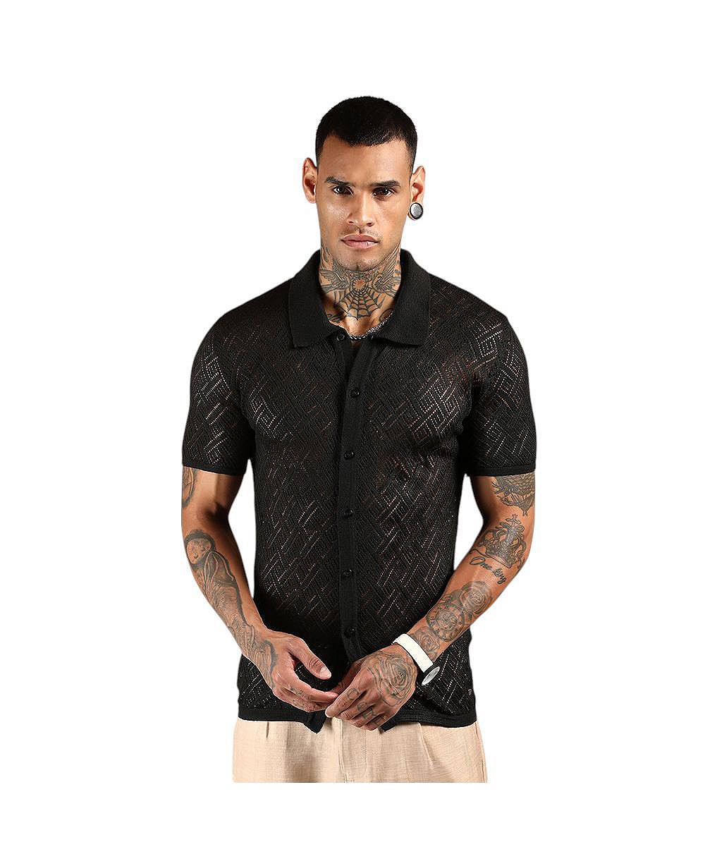 Campus Sutra Men's Overlap-Textured Knit Shirt