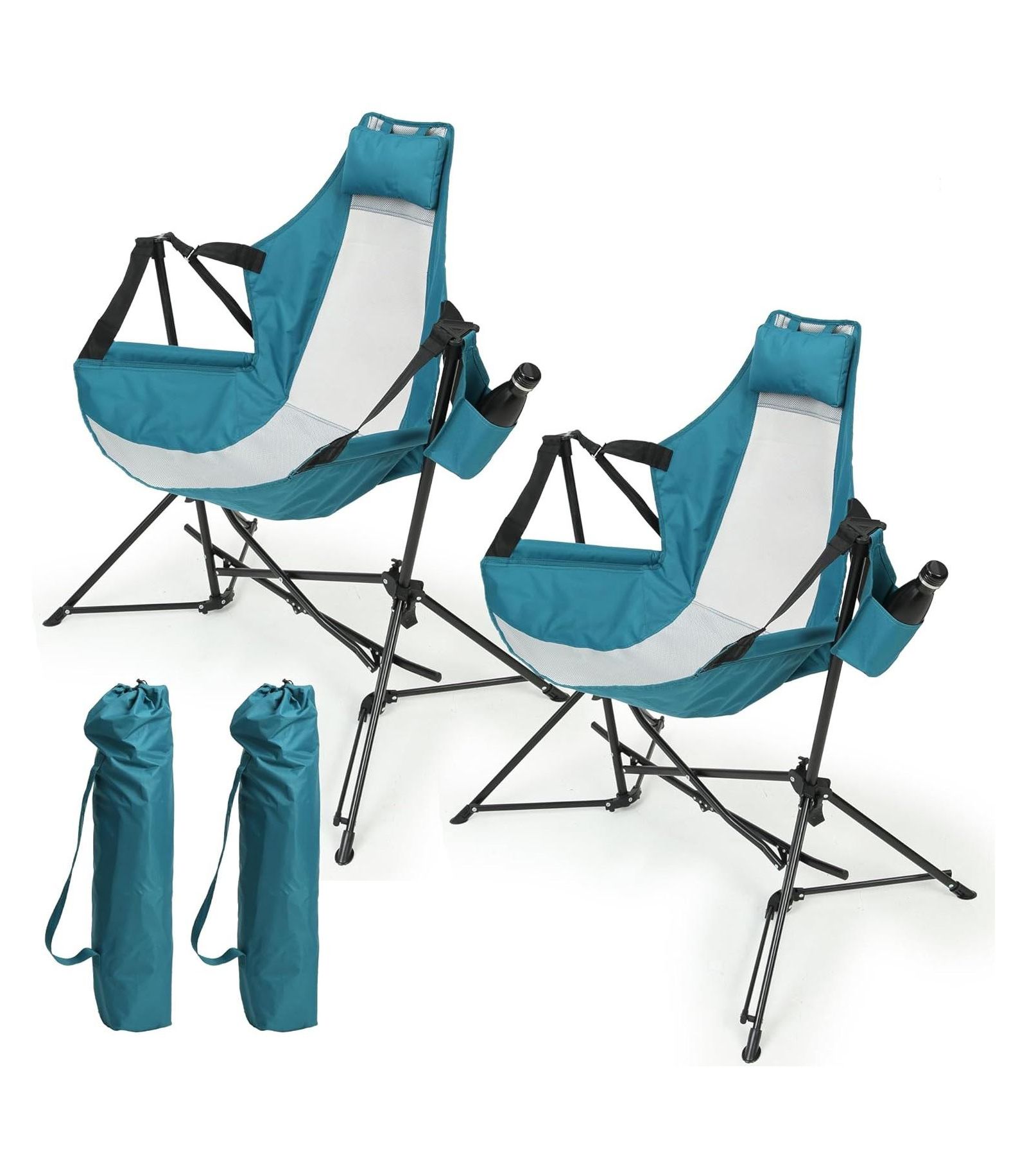Hammock Camping Chair, Folding Portable Rocking Chair, Aluminum Alloy Adjustable Back Swinging Chair with Pillow Cup Holder, Recliner with Carry Bag for Outdoor Travel Lawn Backyard, Blue (2pcs)