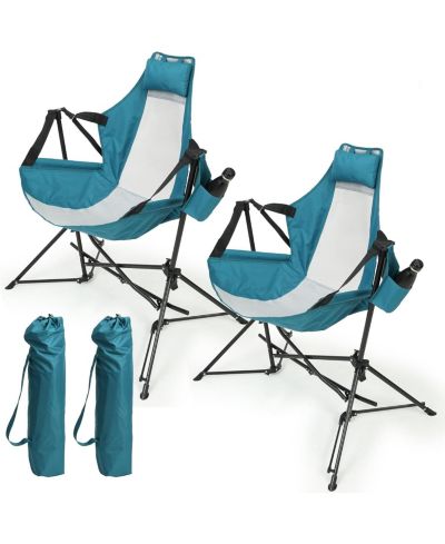 Hammock Camping Chair, Folding Portable Rocking Chair, Aluminum Alloy Adjustable Back Swinging Chair with Pillow Cup Holder, Recliner with Carry Bag for Outdoor Travel Lawn Backyard, Blue (2pcs)