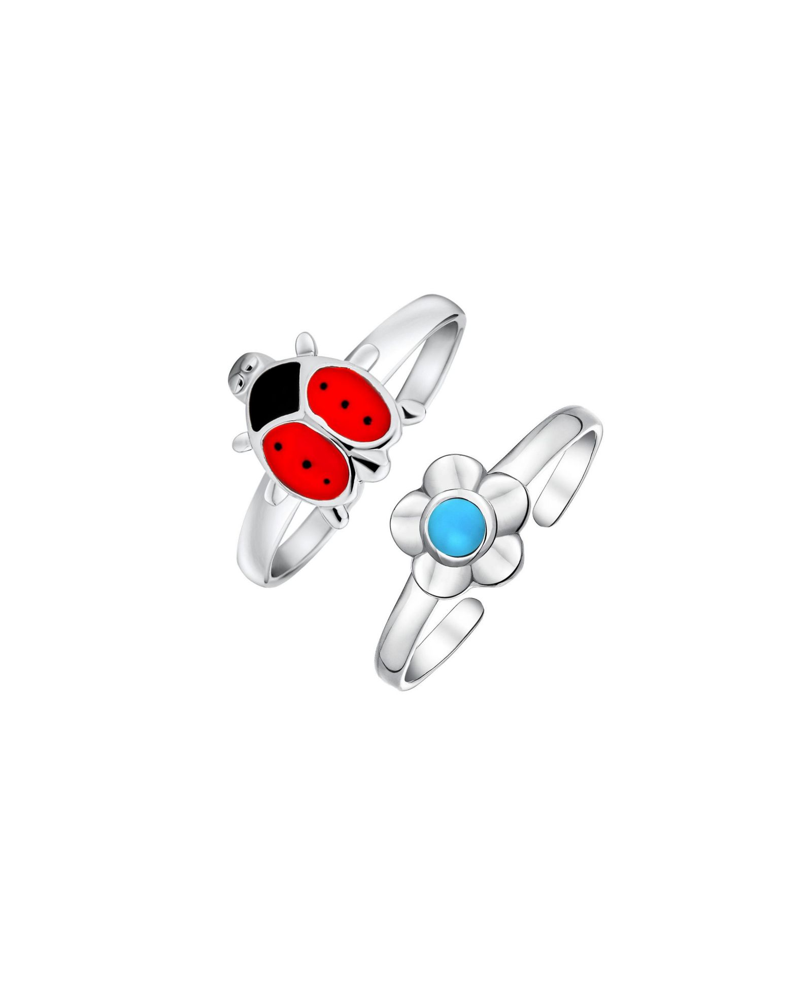 Bling Jewelry Кольцо на палец миди с голубым бирюзовым камнем и красным божьей коровкой, серебро 925 (набор из 2 шт.)