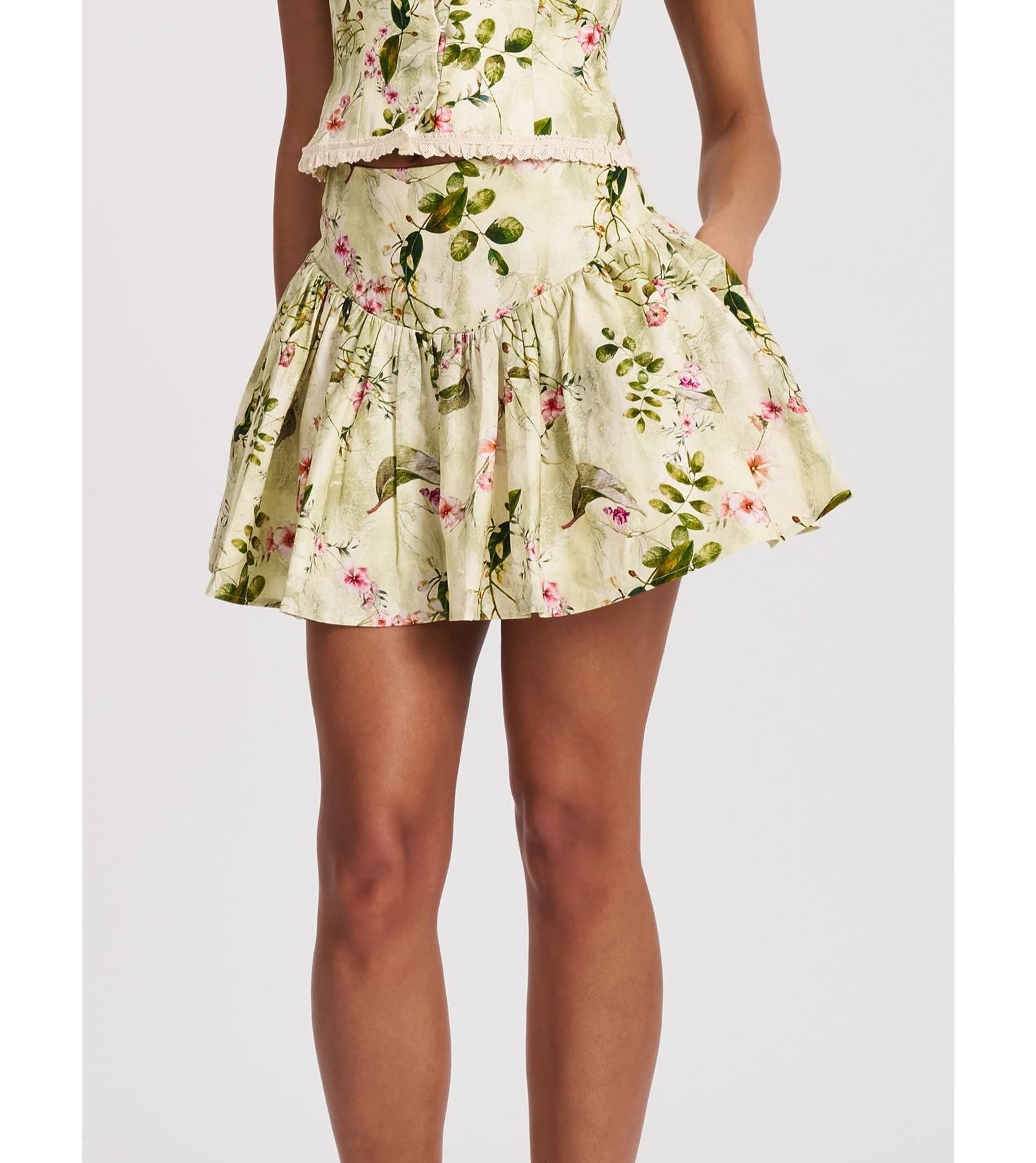Miss Circle Women Zanelle Green Floral Print Drop Waist Linen Full Skirt