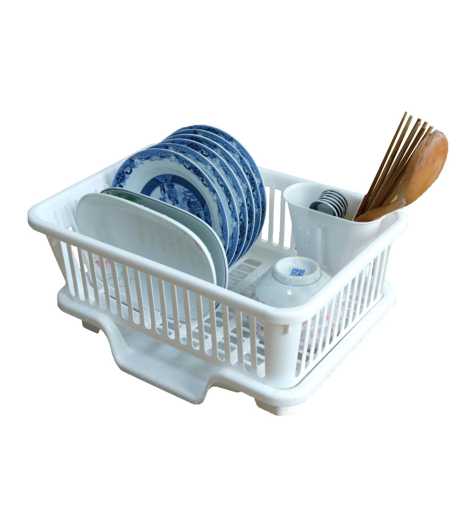 Basicwise Plastic Dish Rack with Drain Board and Utensil Cup