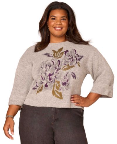 Democracy Plus Size Cuffed Long-Sleeve Floral Jacquard Sweater