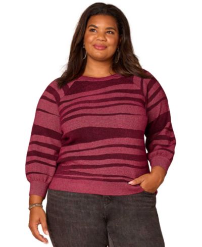 Democracy Plus Size 3/4-Blouson Raglan Sleeve Stripe Sweater