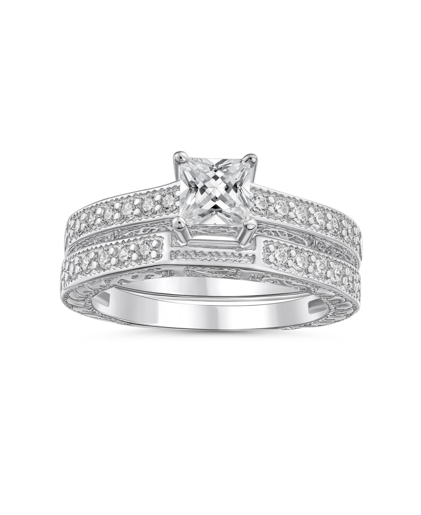 Помолвочное кольцо и кольцо Bling Jewelry Art Deco Style Princess-Cut CZ, стерлинговое серебро