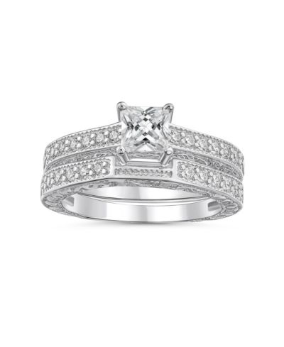 Помолвочное кольцо и кольцо Bling Jewelry Art Deco Style Princess-Cut CZ, стерлинговое серебро