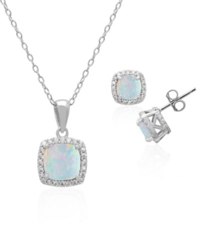 Комплект из 2 предметов: ожерелье с кулоном Cushion Halo из белого искусственного опала (2 ct. t.w.) и подходящие серьги из стерлингового серебра (также в сапфире)