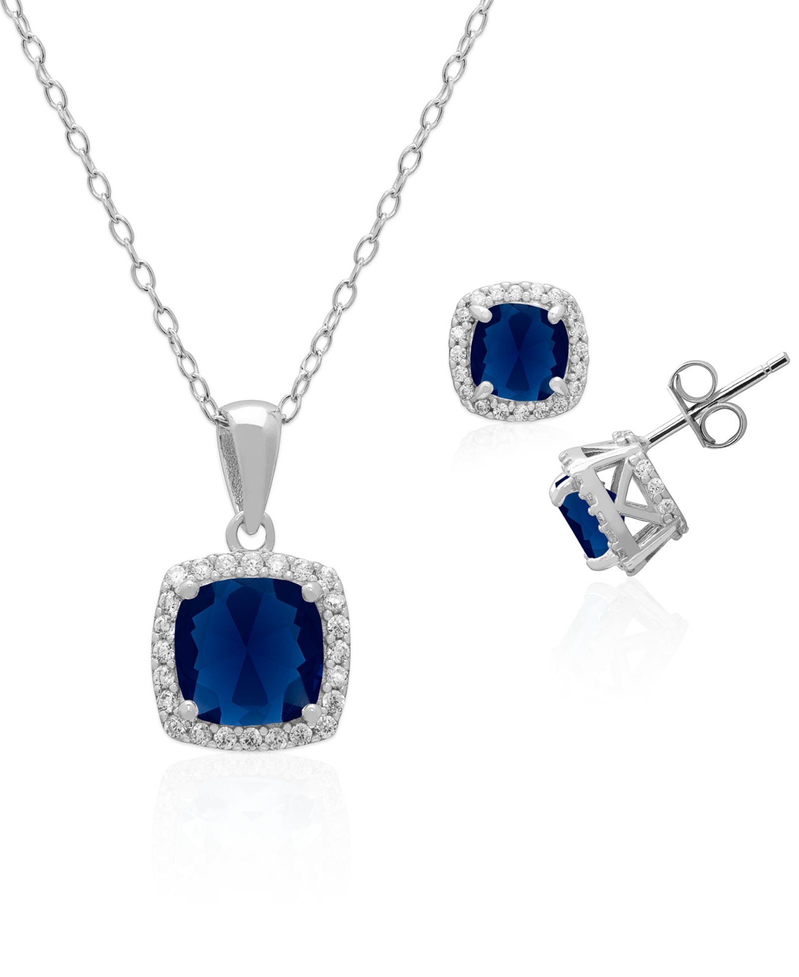 Macy's 2-Piece Set Lab Grown White Opal (2 ct. t.w.) Cushion Halo Pendant Necklace with Matching Earrings in Sterling Silver (also in Sapphire)