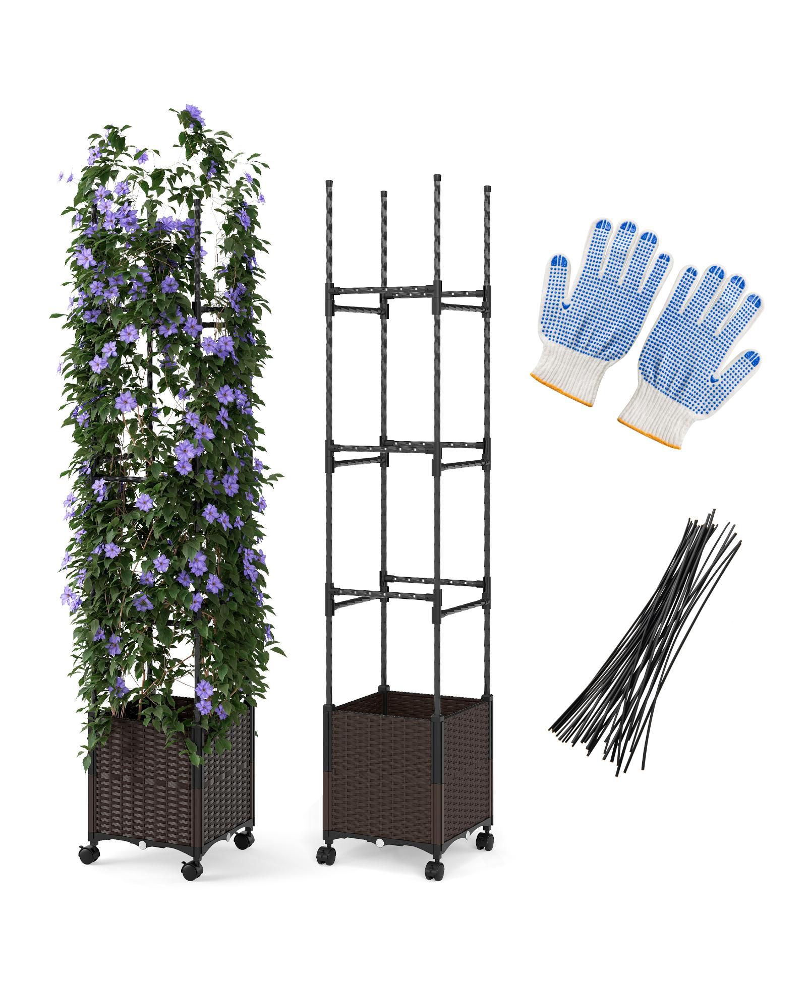Gymax Raised Garden Bed with Plant Box and Trellis on Lockable Wheels