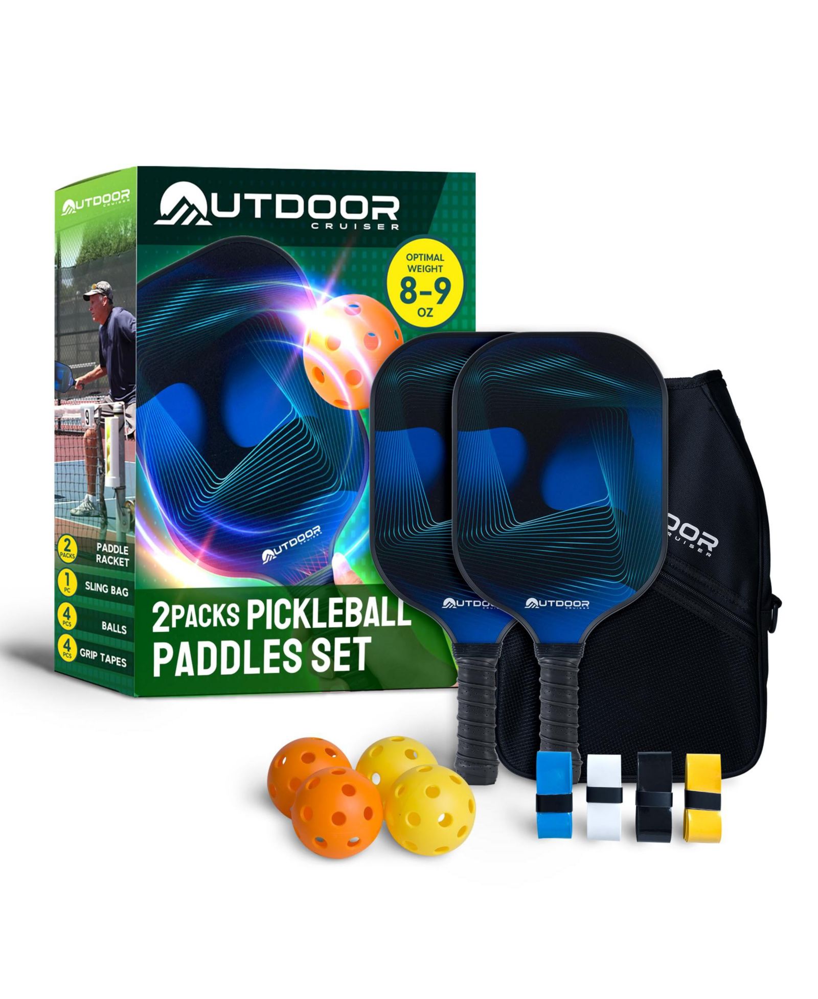 Outdoor Cruiser pickleball set with 2 USAPA approved fiberglass paddles, 4 balls, grip tapes & carry bag—lightweight & durable design