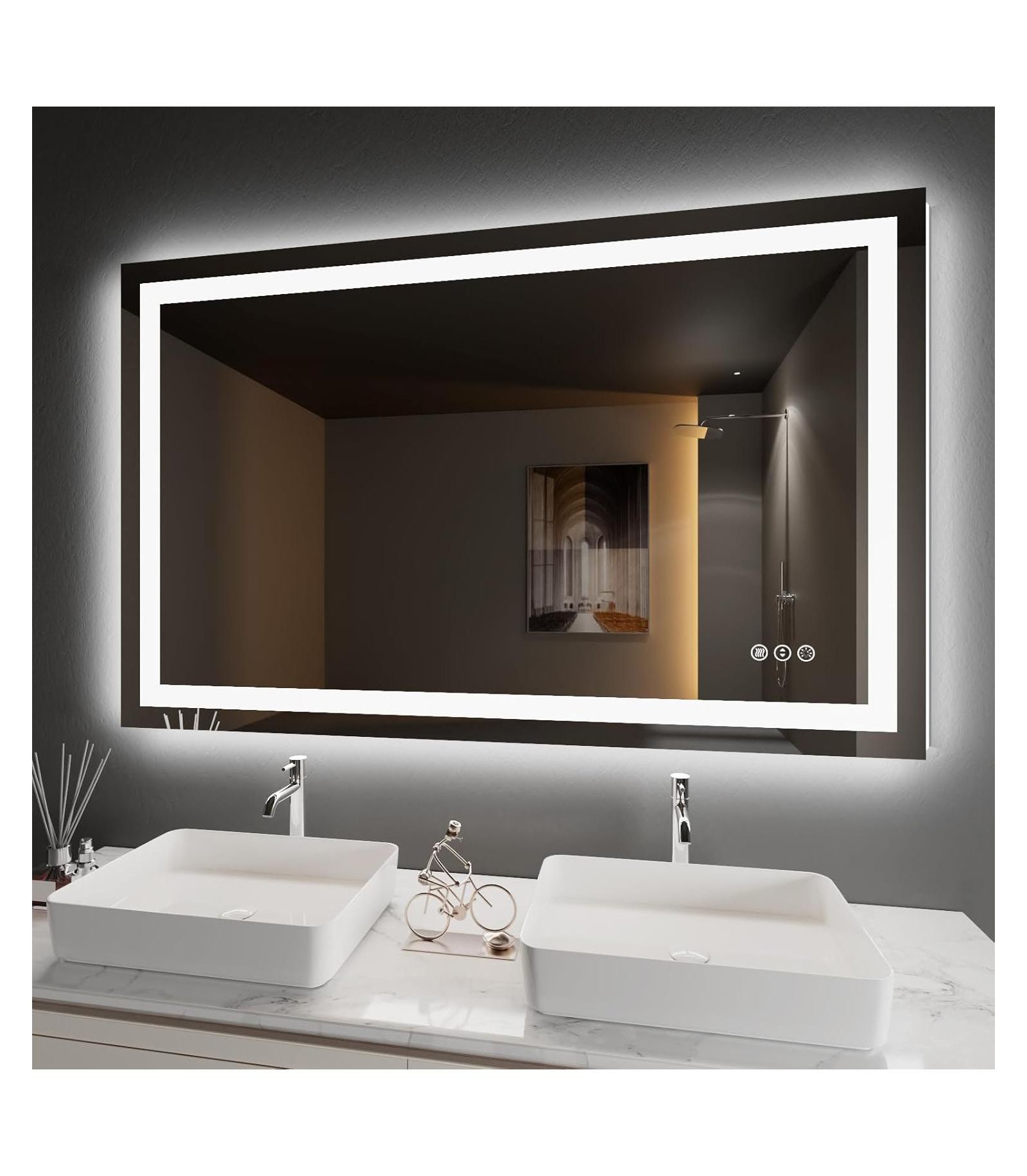 Amorho  LED Bathroom Mirror, With Front Light and Backlit, Stepless Dimmable Wall Mount Mirrors