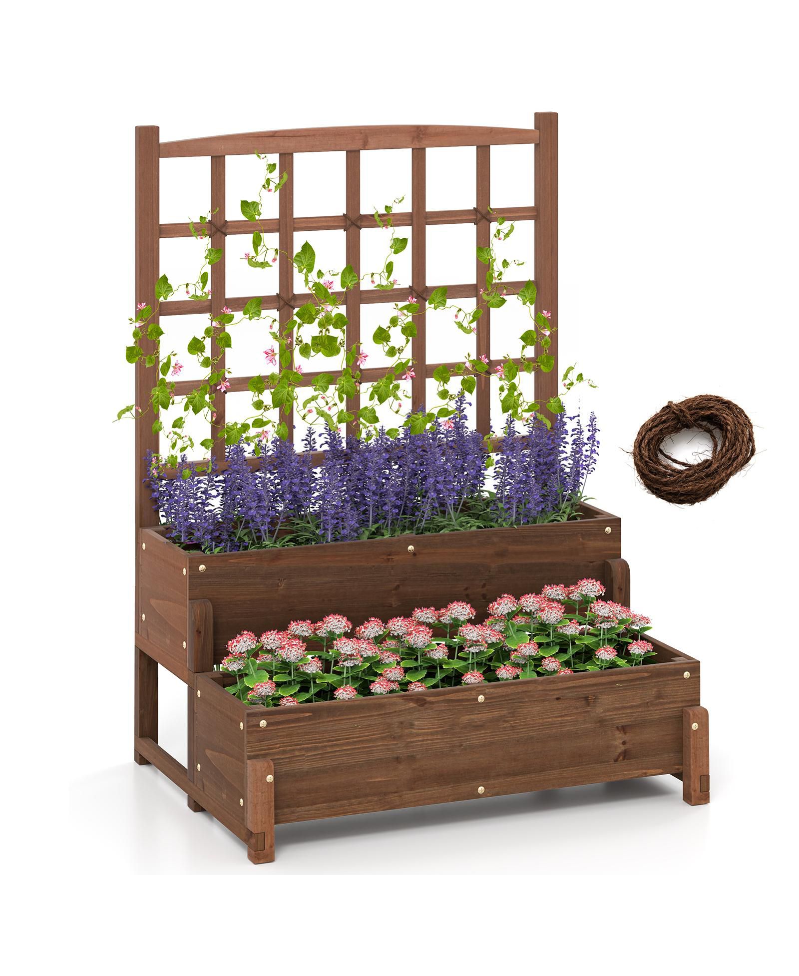 Gymax 35'' x 26'' x 50'' Raised Garden Bed w/ Trellis w/ Drainage Holes Legs Twisting Rope for Backyard