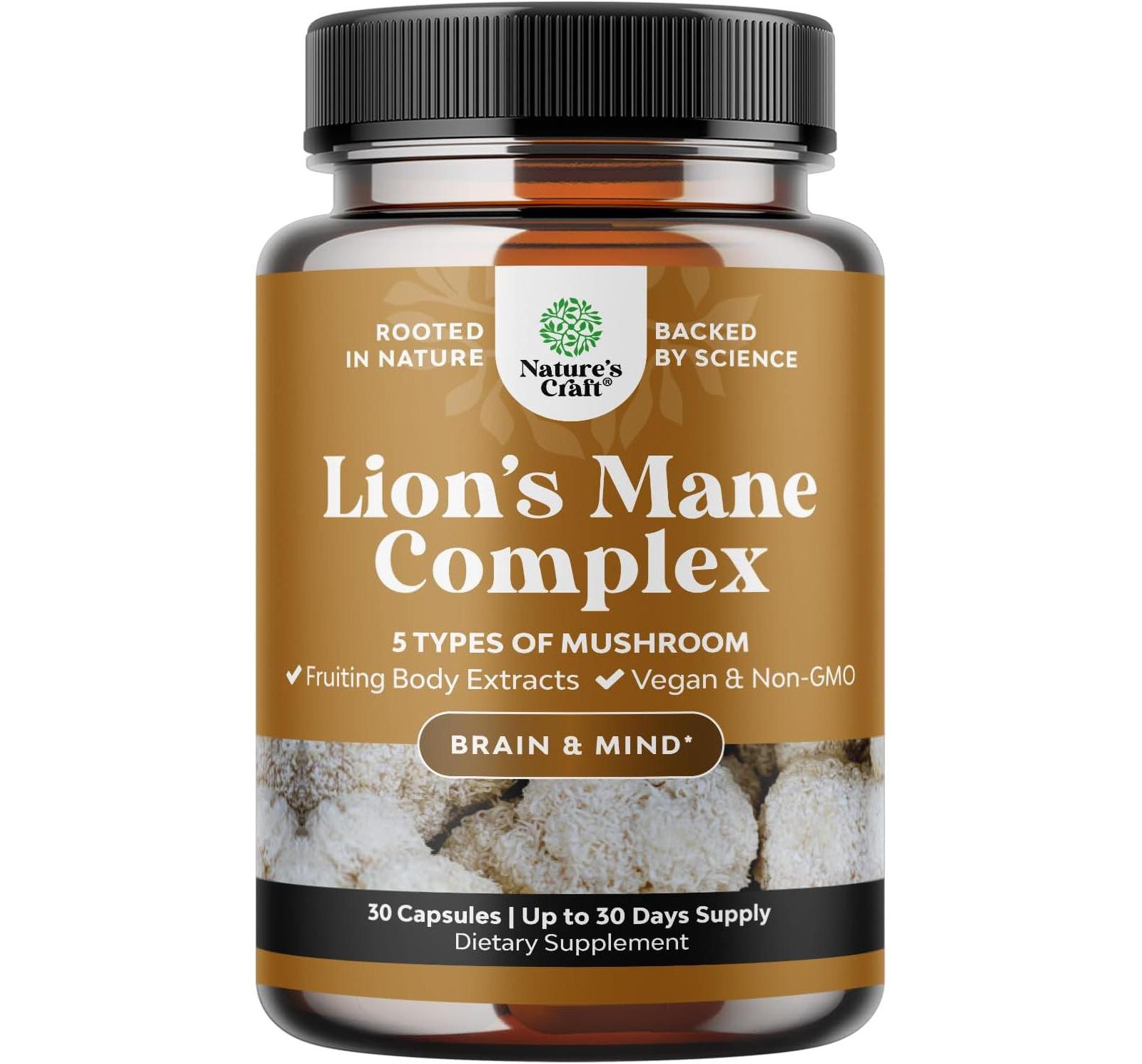 Nature's Craft капсулы с комплексом Lion's Mane, ноотропная добавка для мозга с чагой, майтаке, шиитаке и рейши, 30 шт