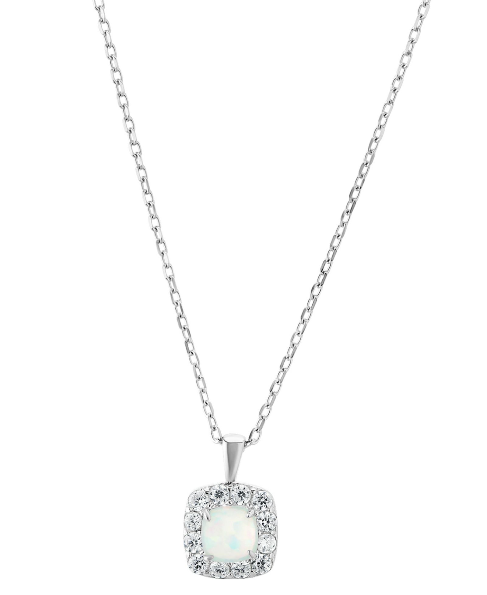 Simulated Opal & Pavé Halo Square Pendant Necklace in Sterling Silver, 16" + 2" extender