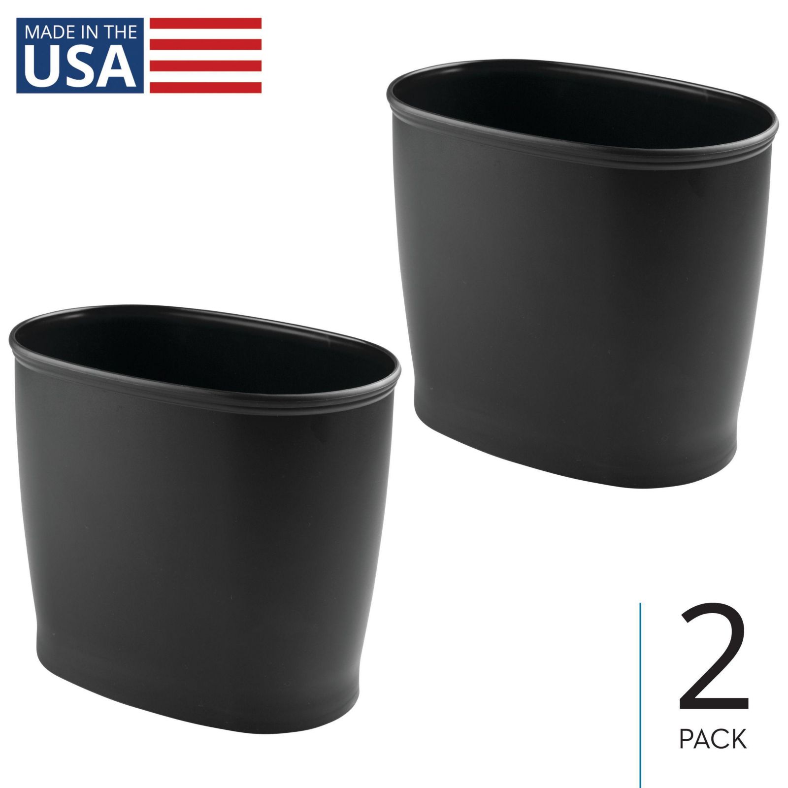 iDesign Oval 2.1 Gallon / 8 Liter Plastic Trash Can, 2-Pack, Black, Made in USA