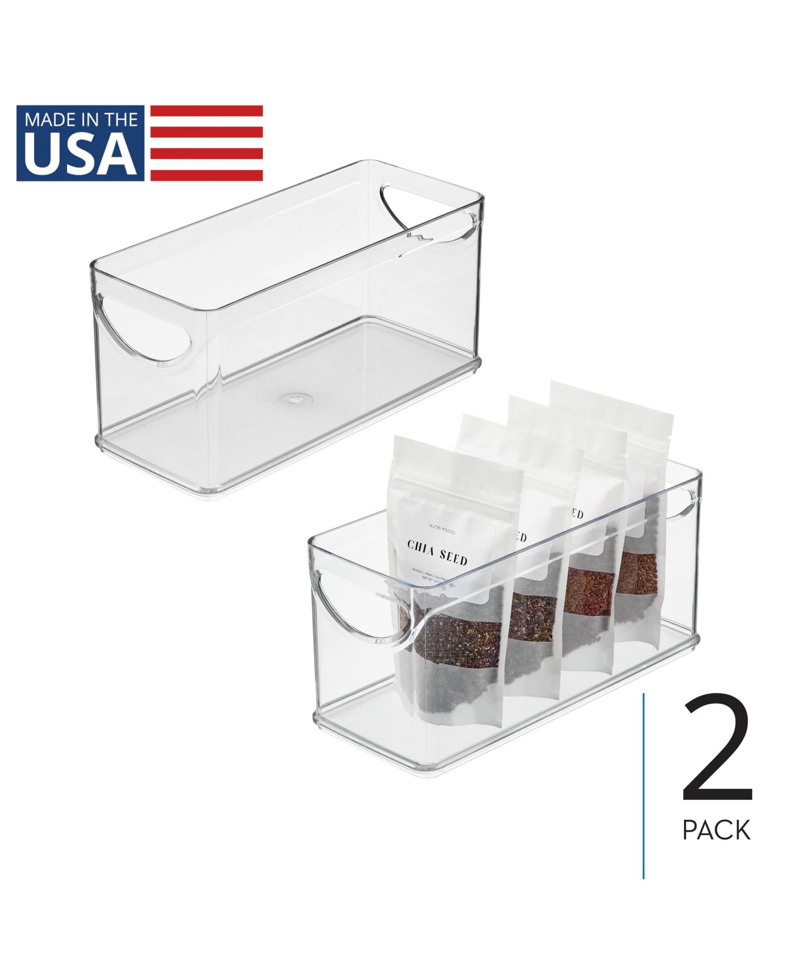 iDesign Stackable Pantry Storage Bin with Handles, Set of 2, Clear, Made in USA