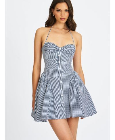 Miss Circle Женское мини-платье Miss Circle Melody Navy Blue Railroad Stripe Halter Drop Waist