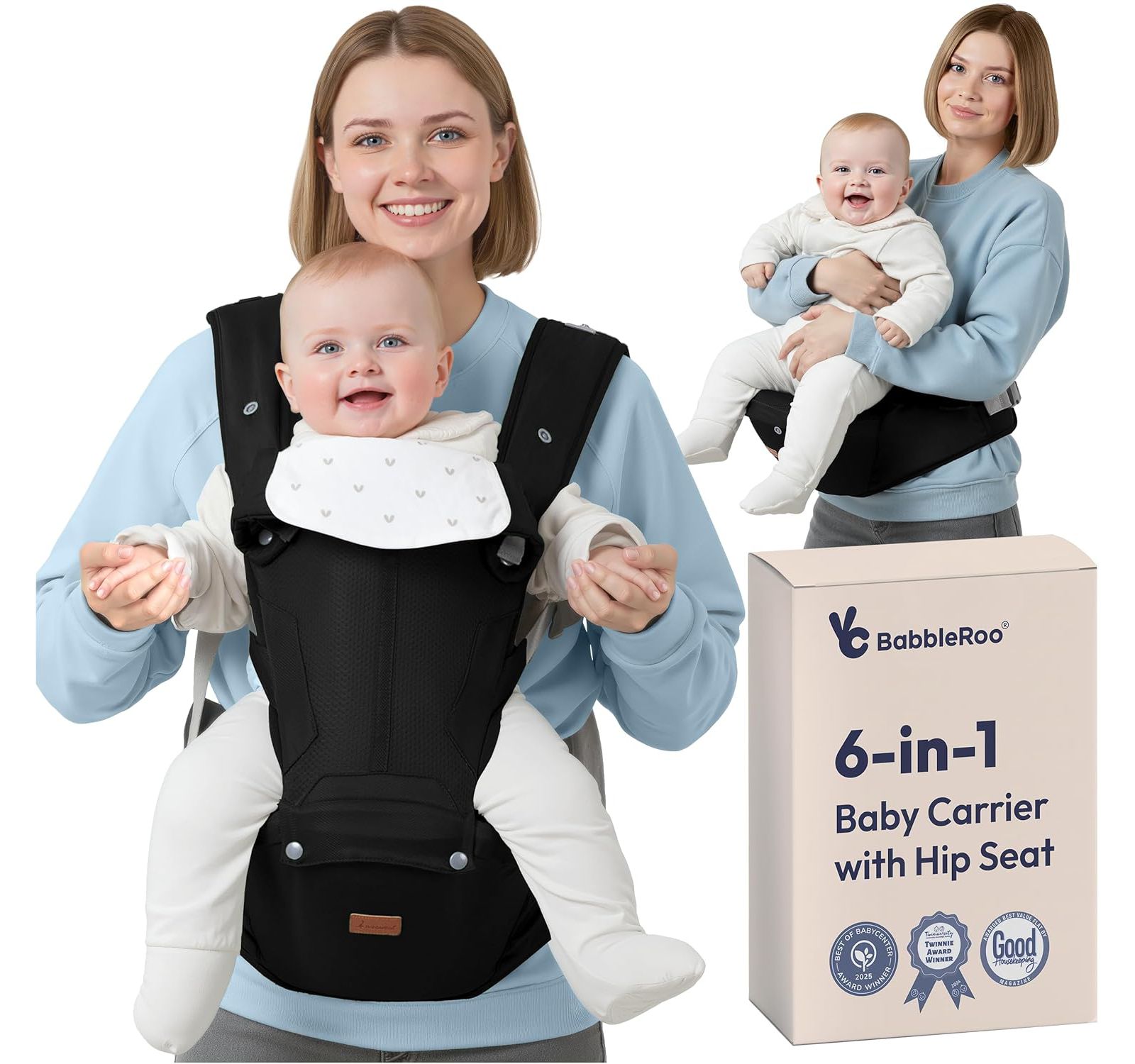 BabbleRoo Коляска-слинг 6-в-1 с сиденьем на бедрах и поясничной поддержкой, эргономичная и регулируемая для новорожденных и детей, Black