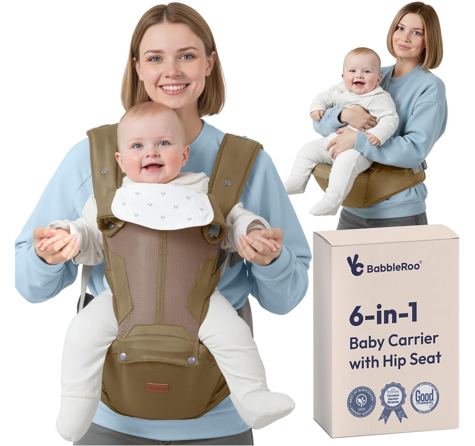 BabbleRoo Upgraded Convertible Baby and Toddler Grow Carrier 6 in 1 with Hip Seat, Comfy and Adjustable