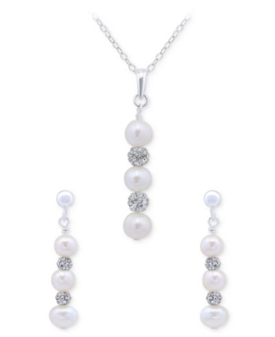 Комплект Giani Bernini 2-Pc. Set Freshwater Pearl & Crystal Vertical Pendant Necklace & Matching Drop Earrings in Sterling Silver