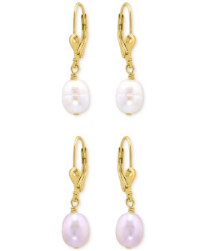Giani Bernini 2-Pc. Set White & Pink Oval Cultured Freshwater Pearl Leverback Drop Earrings in 18k Gold-Plated Sterling Silver, Macy's Exclusive