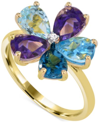 Кольцо с многоцветными драгоценными камнями Multi-Gemstone Flower Statement с бриллиантовым акцентом в 14K Gold-Plated Sterling Silver