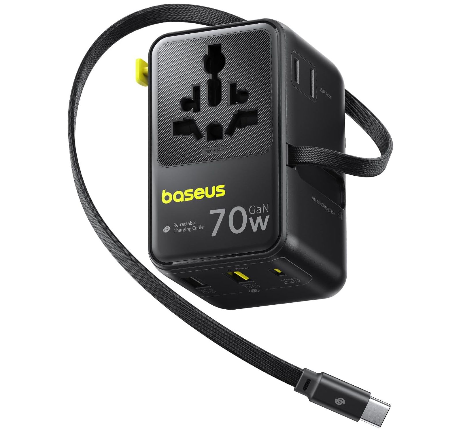 Baseus универсальный дорожный адаптер 70W с выдвижным кабелем, 6-в-1, USB-C PD