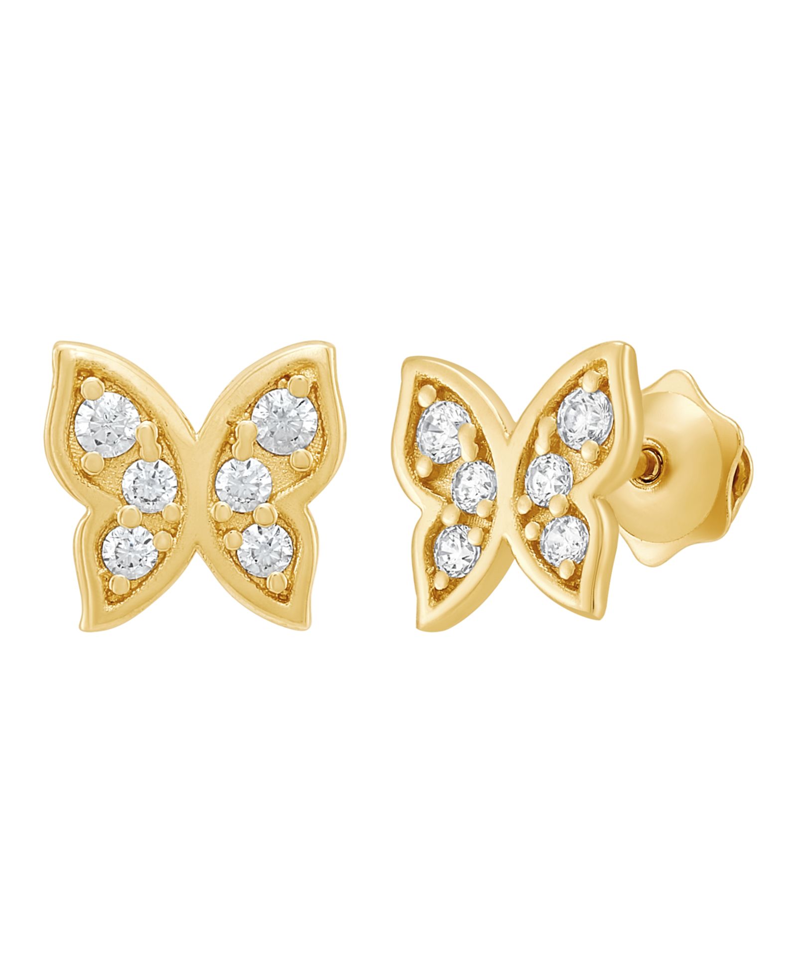 Детские серьги с бабочкой из белого кубического циркония в 14k желтом золоте