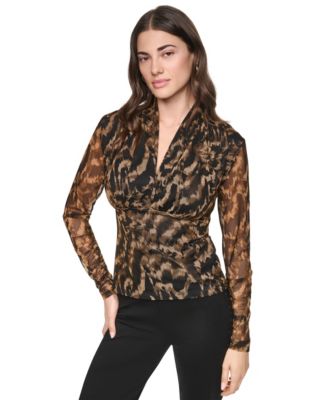 DKNY Women's Printed Mesh V-Neck Long-Sleeve Top
