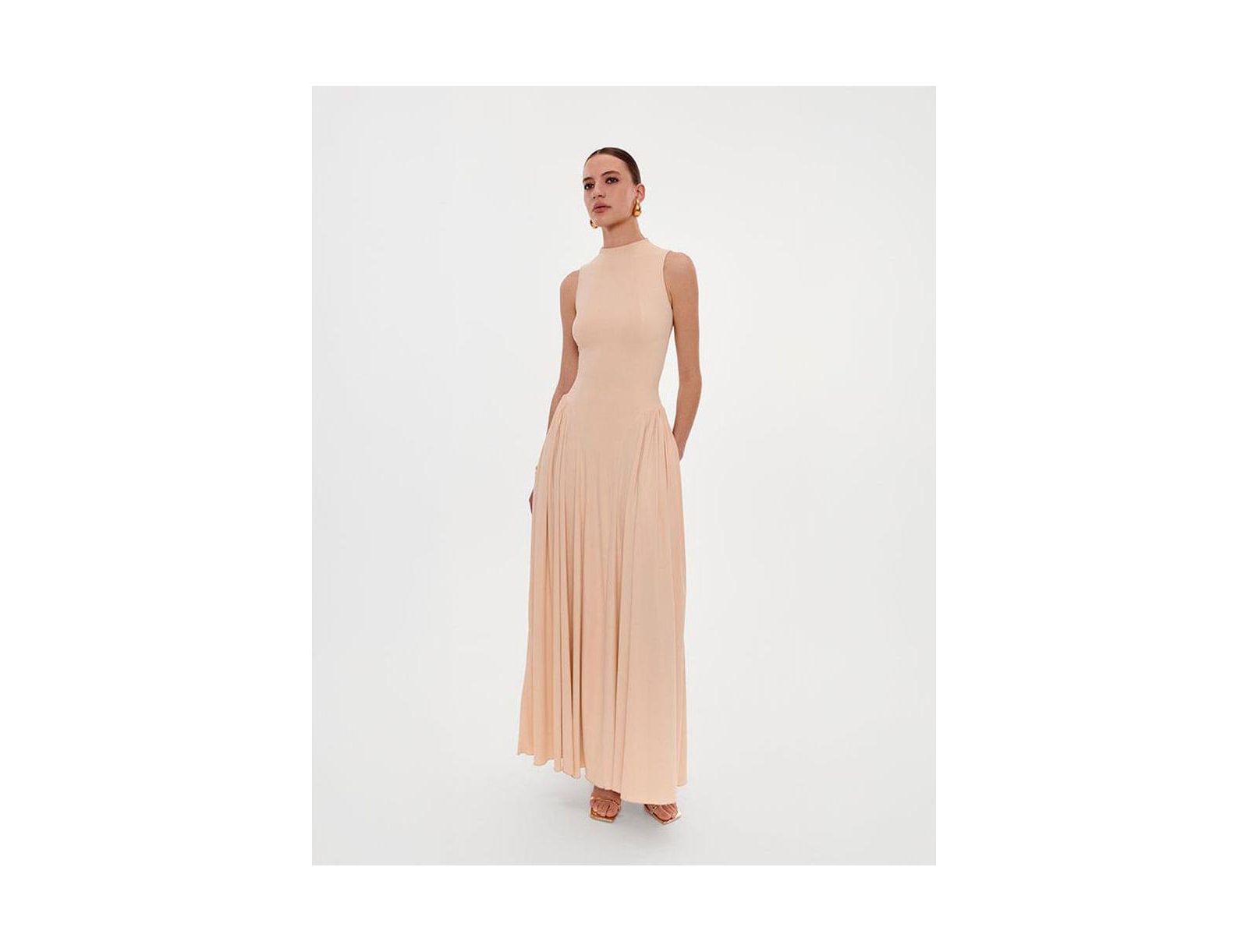 Milla Womens Nude Sleeveless Mock Neck Dress with a Pleated Maxi Skirt