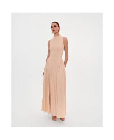 Milla Womens Nude Sleeveless Mock Neck Dress with a Pleated Maxi Skirt