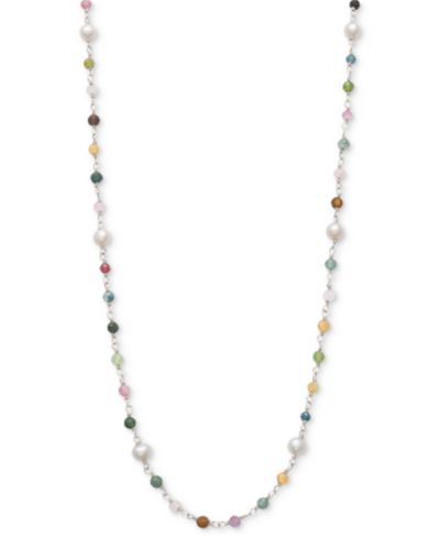 Macy's Cultured Freshwater Pearl (4-5mm) & Multicolor Tourmaline 24" Statement Necklace in Sterling Silver